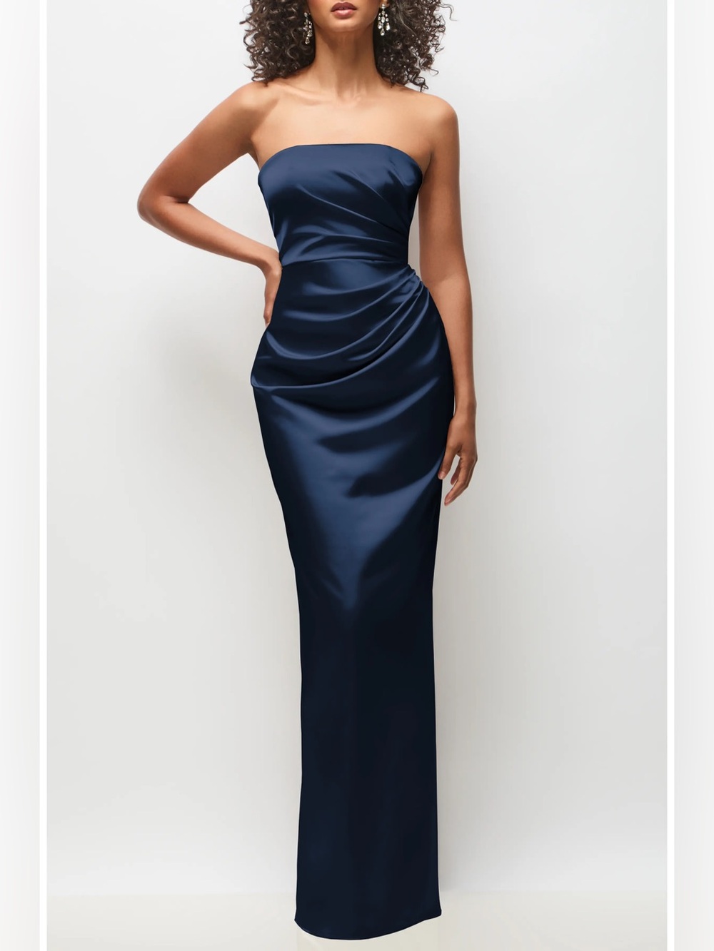 NEW After Six Style 6928 Strapless Navy Blue Ruched Satin Gown, Size 2